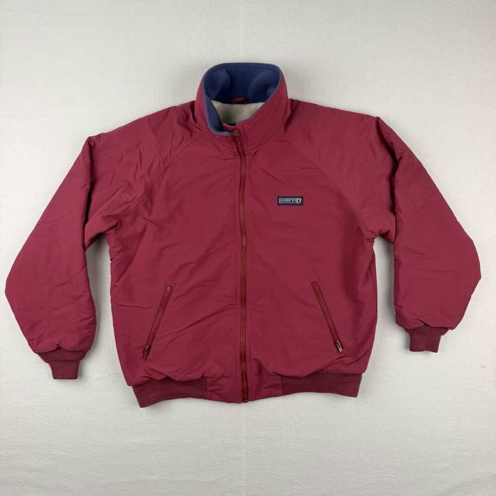 VTG Lands End Jacket Womens Medium Red Blue Polartec Fleece Lined Zip 90s